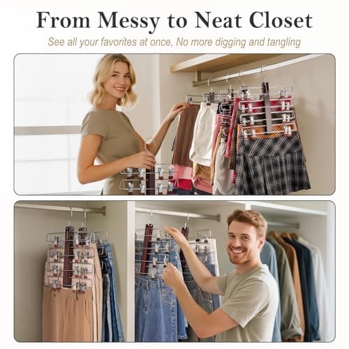 HOUSE DAY Skirt Hangers Space Saving 1 Pack, Double Row 4-Tier Non-Slip Hangers with Clips for Skirts, Shorts, and Pants - Lotus Wood Clip Hanger for Women - Closet Organizers and Storage (Mahogany) - Thumbnail 6