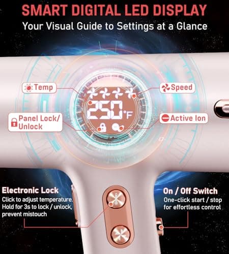 FMZ Professional Ionic Hair Blow Dryer with Smart Display, 1875W High Speed Brushless Motor for Fast Drying, Small Portable Light weight Low Noise, Curly Diffuser Blowdryer for Women Kids Salon Travel - Thumbnail 5