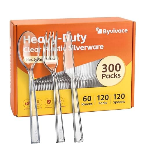 Byvivace [300 Count] Clear Plastic Silverware Set, Heavy Duty Plastic Utensils 120 Spoons & 120 Forks & 60 Knives, BPA-Free, Heat Resistant, Disposable Cutlery Set for Party Wedding Supply