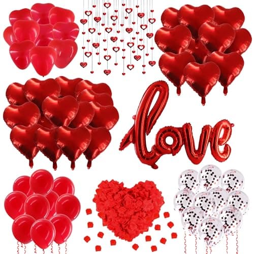 Romantic Balloon Decoration Kit with 42" LOVE Letters & Heart Balloons - Proposal, Engagement, Wedding & Anniversary Room Decoration Set with Hanging Hearts & Rose Petals - Complete Romantic Setup