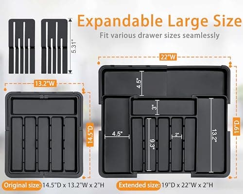 Homecor Silverware Organizer - Expandable Large Kitchen Drawer Organizer Utensil Organizer with 2 Removable Knife Blocks, 22"x 19"Cutlery Tray Drawer Dividers for Kitchen Flatware(6-9 Slots) (Black) - Thumbnail 2