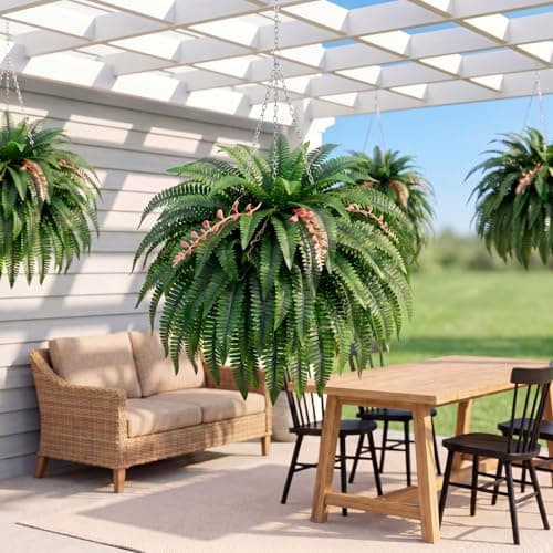 AMORISE 49" Artificial Boston Fern Bush with 98 Fronds, Large Artificial Ferns for Outdoors, Faux Ferns Artificial Boston Ferns for Outdoor Planter Indoor Home Garden Porch Decor - Thumbnail 4