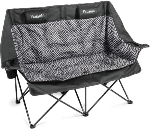 High Back Double Camping Chair Padded Folding Loveseat with Adjustable Pillows Heavy Duty 2 Person Camping Lawn Chairs for Adults with Cup Holders & Wine Racks for Outdoor Sports Beach Fishing