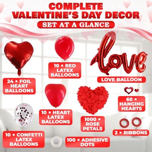 Romantic Balloon Decoration Kit with 42" LOVE Letters & Heart Balloons - Proposal, Engagement, Wedding & Anniversary Room Decoration Set with Hanging Hearts & Rose Petals - Complete Romantic Setup - Thumbnail 2