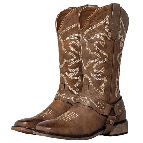 WrangWalker Square Toe Cowboy Boots for Women with Buckle Strap - Lightweight Wide Calf Western Cowgirl Boots with Cushion Insole, Brown US 9.5 - Image 1