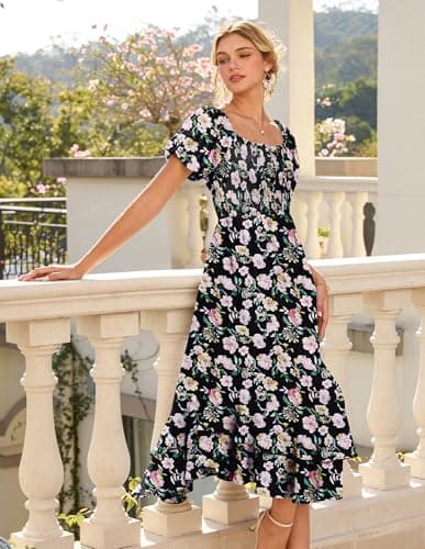 GRACE KARIN Womens Summer Floral Maxi Dress 2026 Flowy Wedding Guest Dress A Line Boho Dresses Fashion Clothing with Pockets Black Pink Floral XL - Thumbnail 3