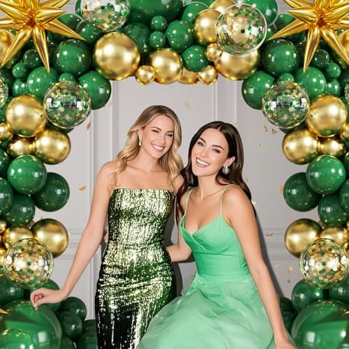 Green and Gold Balloon Garland Arch Kit, 140Pcs Emerald Green Gold Confetti Balloons With Stars for Birthday Wedding Birdal Shower Christmas Graduation Party Decorations - Thumbnail 2