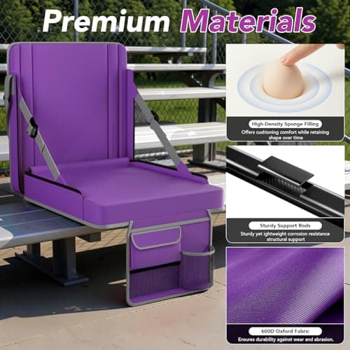 janiry Stadium Seats with Back Support 2PACKS Adjustable Bleacher Chairs with Back and Cushion Bleacher Seat with Cup Holder, Carry Handle & Shoulder Strap for Outdoor Sports Events, XL Large Purple - Thumbnail 5