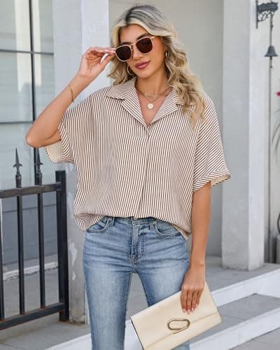 IEEILULU Women Striped Collared Shirt Casual Short Sleeve V Neck Blouse Tops Loose Fit Business Work Dressy Shirts Brown Striped S - Thumbnail 5