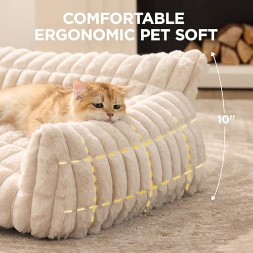 Joydeco Cat Couch for Pets, 36 inch Plush Pet Sofa, Cat Bed for Indoor Cats with Removable Washable Cover, Supportive Pet Sofa, Cream - Thumbnail 2