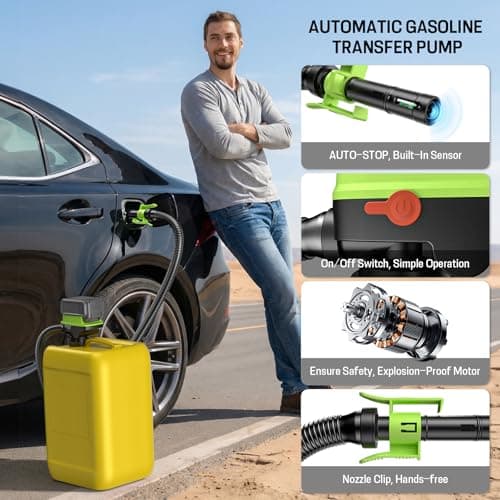 Fuel Transfer Pump with Auto Stop Sensor(3.2 GPM) Compatible with DeWalt DCB20 & Milwaukee M18 Batteries(Not Included), Portable Fuel Pump, 41" Hose Gas Can Pump for Diesel, Gasoline, 3 Tank Adapters - Thumbnail 5