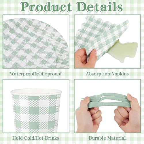 NatNarr 175 Pcs Gingham Paper Plates, Sage Green Baby Shower Decorations Include Sage Green Plates and Napkins Disposable Checkered Dinnerware Set for Bridal Shower, Wedding, Birthday - Thumbnail 3