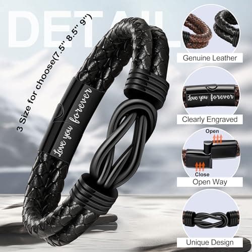 Btysun 80th Birthday Gifts for Men,Men Birthday Gift Ideas Leather Bracelets for Men Black Infinity Knot Bracelets for Men Dad Birthday Gifts - Thumbnail 3