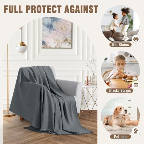 TAOCOCO Couch Cover, Couch Cover Blanket for Sofa, Thick Durable Throw for Sectional Couch, Washable Furniture Protector for Dogs Kids, Tassel Trim, 71''x71'' Dark Grey - Thumbnail 5