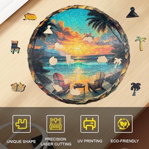 Wooden Puzzle for Adults, Sunset Beach Wooden Jigsaw Puzzle, Unique Shape Wooden Puzzles 200 Large Pieces, Challenging Outdoor Nature Scene Jigsaw Puzzles, Beatiful Artwork Wall Decor 11 * 10.9in - Thumbnail 5