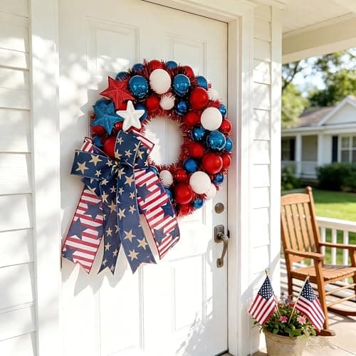 HipTree 13 Inch Patriotic Ball Wreath for Front Door with Lights, 4th of July Wreath with Red White Blue Stars & Ribbon for Memorial Day, Independence Day,Veterans Day, Flag Day,Summer Decorations - Thumbnail 5