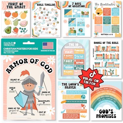Hadley Designs Sunday School Decorations for Classroom –9 Bible Posters for Kids, Books of the Bible, 10 Commandments, Bible Timeline Chart, Fruits of the Spirit, Retro Christian Classroom Decor - Image 1