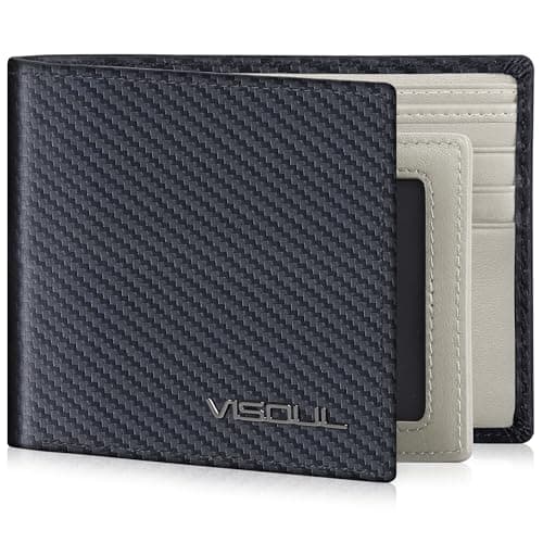 VISOUL Mens Carbon Fiber Leather Bifold Wallet with 2 ID Windows, RFID Blocking Wallet with 2 Money Compartments, Stylish Two-tone Back Pocket Wallet for Men (Black+Light Gray) - Image 1