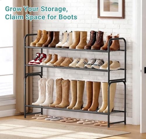 AOODA Long 2 Tier Shoe Rack for Closet Metal Wide Stackable Shoe Storage Organizer for Entryway, Bedroom, Floor, 18-Pairs Low Shoe Shelf, Black - Thumbnail 4