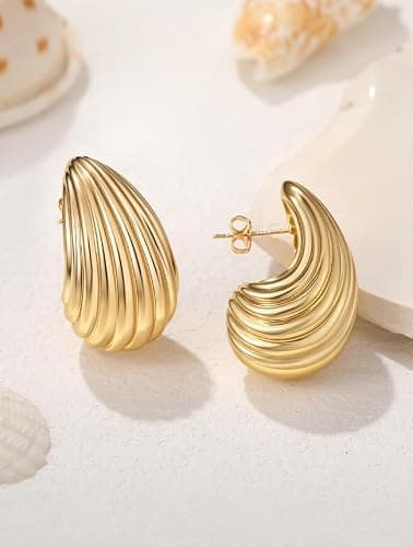 Jurikko Teardrop Gold Chunky Hoop Trendy Earrings for Women, Shell Hollow Hyperallergenic 14K Gold Plated Drop Earrings Fashion Jewelry Gift - Thumbnail 6