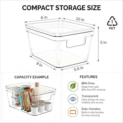 MOONEDGE Small Clear Plastic Storage Bins with Lids and Handles,Stackable Small Item Organizer Containers for Vanity,Craft,Office,Fridge,Kitchen,Pantry,Bathroom,Closet – 2 Pack (10×6×5 in) - Thumbnail 2