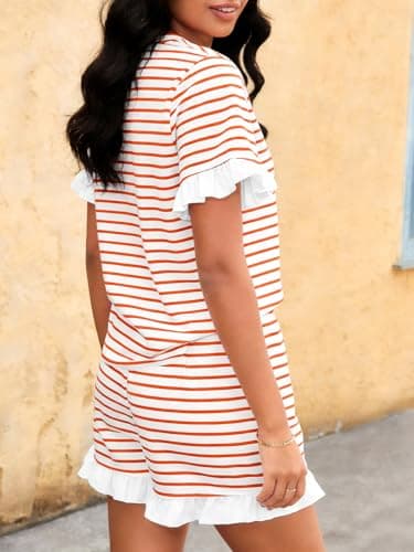 Tankaneo Womens 2 Piece Striped Shorts Set Ruffle Short Sleeve Tops Hight Waist Shorts Matching Sets Summer Vacation Outfits - Thumbnail 6