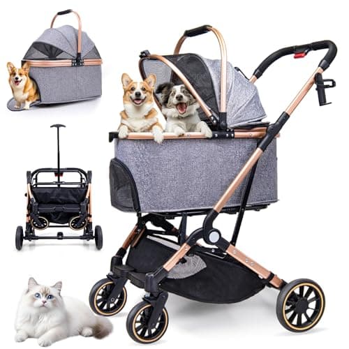 LENSEMUS Dog Stroller for Max 45 lbs Dogs - 3 in 1 Pet Stroller with Detachable Storage Basket 4 All-Terrain Rubber Wheels Pull Rod Durable Travel Carrier for Medium Dogs 2 Small Cats (Grey)