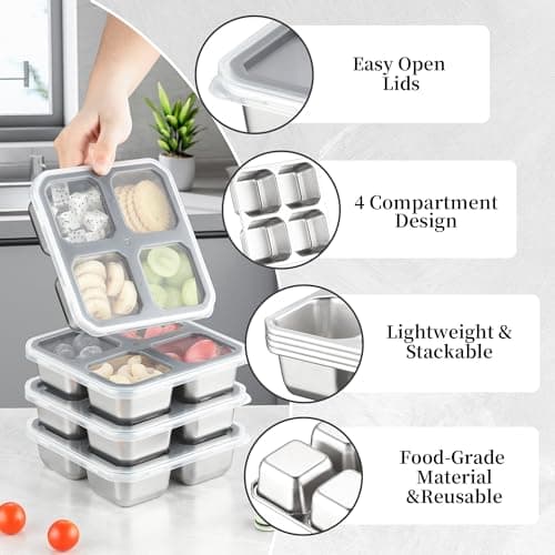BEFOY 4 Divided Compartments Snack Containers Bento Snack Box with Lid Stainless Steel Kids Plates Reusable Meal Prep Lunch Box Food Storage Containers for Adults Travel Work - Thumbnail 5