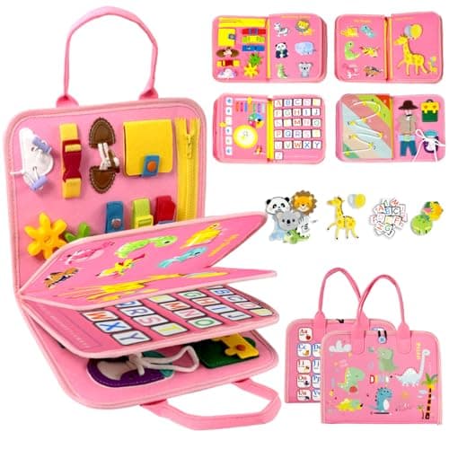 Qizfun Toddler Busy Board Montessori Toys – Sensory Busy Book, Educational Learning Travel Toy for Airplane & Car, Keeps Toddlers Engaged, Birthday Gifts for Toddler Girls - Image 1