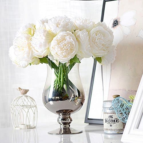 U'Artlines 2 Bouquet 10 Heads Artificial Peony Silk Flower Leaf Home Office Wedding Party Festival Bar Decor (Cream White) - Thumbnail 5