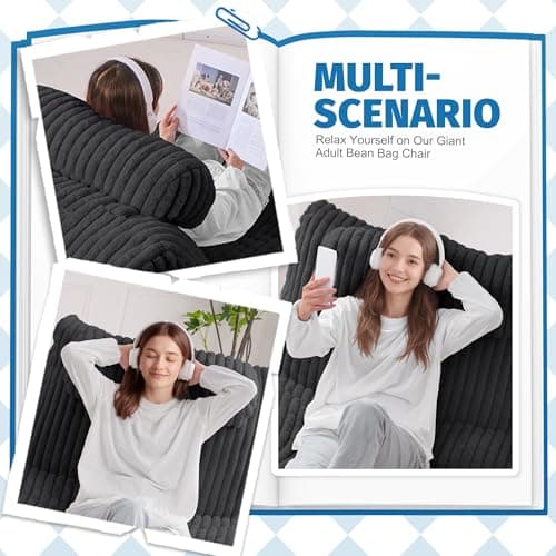 HABUTWAY Giant Bean Bag Chairs for Adults,Big Bean Bag Lounger with Removable Cover,Large BeanBag Chair with Ottoman&Storage Pocket,Memory Foam Filled Bean Bag Sofa for Living Room,Bedroom-Plush Black - Thumbnail 5