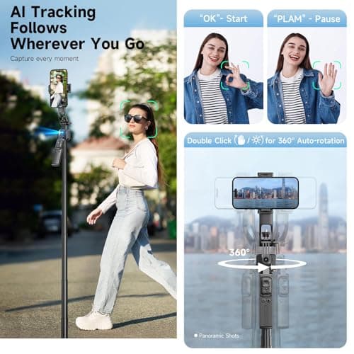 Auto-Face Tracking 4-Leg Stand, Selfie Stick with Detachable Phone Stand, Smooth Motion Shots, 360°Rotation & 63’’ Extendable, Remote Control & Universal 1/4" Screw for TikTok Vlog Video Recording - Thumbnail 2