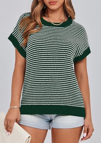 PRETTYGARDEN Womens Short Sleeve Sweater Spring Summer 2026 Round Neck Striped Pullover Cap Sleeve Knit Sweater Vest Tops(Dark Green,Small) - Thumbnail 3
