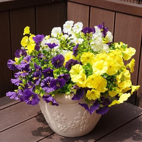 maxkes Artificial Flowers for Outdoors, UV Resistant Fake Silk Morning Glory, Realistic Faux Plants for Outside Porch Patio Window Box Hanging Planter (12, Purple White Yellow) - Image 1