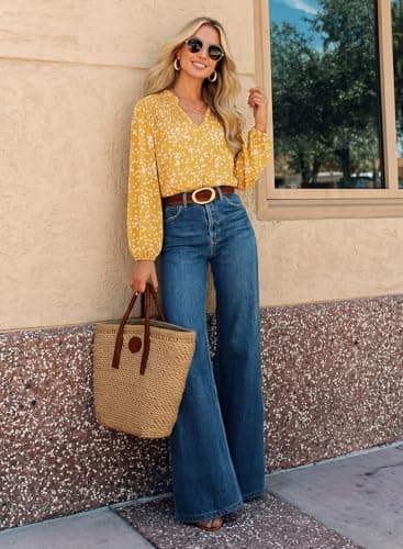 Dokotoo Womens Tops Spring Summer Blouses Boho Long Sleeve Shirts for Women Button Down V Neck Drawstring Babydoll Smocked Business Casual Outfits Ladies Elegant Blouses Plus Size Clothes Yellow XXL - Thumbnail 6