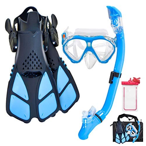 Aisrida Kids Snorkeling Set Children Mask Fin Snorkel Set Snorkeling Gear Snorkel Mask + Adjustable Swimming Kids Flippers+ Dry Snorkel Tube + Travel Bags (Light Blue) - Image 1