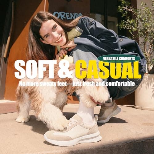 Vepose Women's Beige Pu Lightweight Platform Sneakers Chunky Casual Tennis Shoes, Memory Foam Non Slip, Suede Pu Lace Up, Everyday Walking Travel Office Size 6.5(CJY8216 Beige pu 06.5) - Thumbnail 3