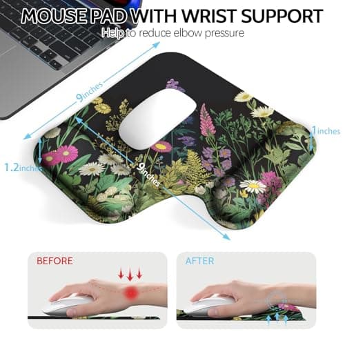Mcapirivo Ergonomic Mouse Pad with Gel Wrist Rest (1"& 1.2" Dual Height) - Mouse Pads Compact Mousepad Desk Mat Office, Gaming & Carpal Tunnel Relief | Non-Slip Rubber Base | Wildflower Black - Thumbnail 3