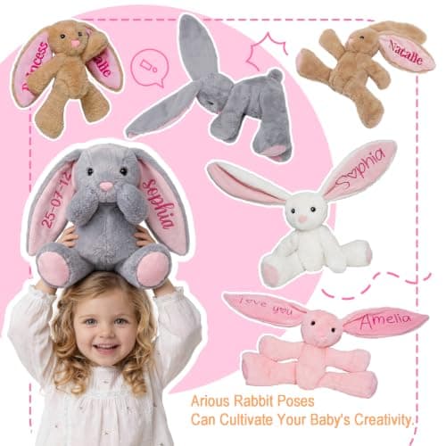 MYPHNEX Personalized Bunny Stuffed Animal, Custom Bunny Plush with Embroidered Name, Toys for 1 2 3 Year Old Baby Girls Boys, Customized Christmas Birthday Gifts for Infant Toddler Newborn (Bunny) - Thumbnail 6
