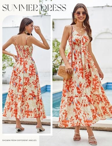 Women's 2025 Summer Beach Dresses Floral V Neck Tie Front Spaghetti Strap A Line Casual Sundress Wedding Guest - Thumbnail 4