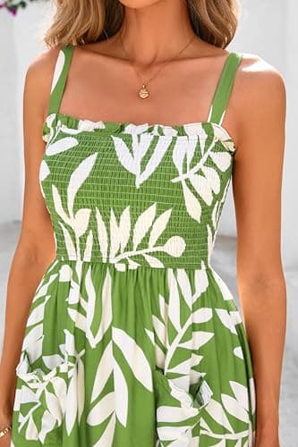 PRETTYGARDEN Womens Summer Dresses 2026 Casual Spaghetti Strap Ruffle Smocked Flowy Floral Spring Maxi Dress with Pocket(Leaves Light Green,Medium) - Thumbnail 4