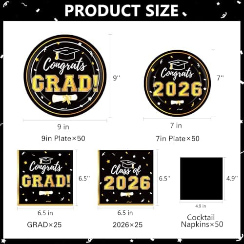 Graduation Decorations 2026 Class of 2026 Congrats Grad Disposable Paper Plates Luncheon Napkins Cocktail Napkins Black Gold Graduation Party Supplies Serve 50 - Thumbnail 4