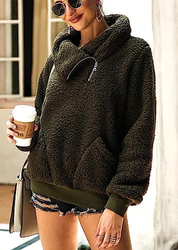 KIRUNDO Winter Clothing for Women Sherpa Pullover Fleece Zip Sweatshirt 2026 Fall Fashion Fuzzy Faux Shearling Warm Outwear(X-Large, Army Green) - Thumbnail 3