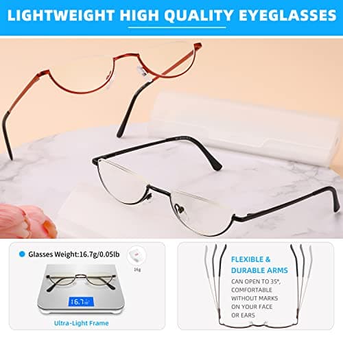 TOVEEN 2 Pack Half Lens Reading Glasses Blue Light Blocking, Half Moon Frame Semi Rim Spring Hinge Readers with Case for Men Women Black/Red +3.0 - Thumbnail 5