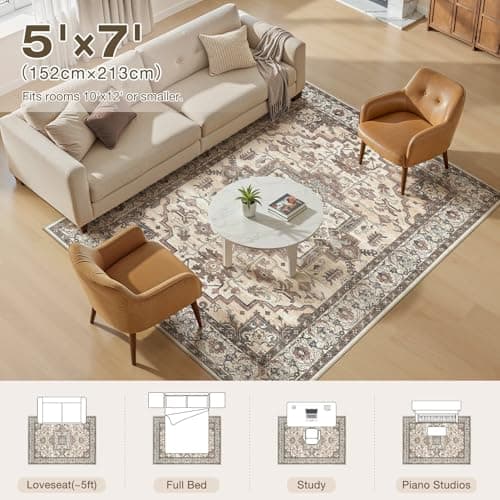 Jessibou 5x7 Area Rugs Living Room: Washable Vintage Rug Large Non-Slip Stain Resistant Ultra Soft Low Pile Pet Kids Friendly Carpets for Bedroom Dining Room Nursery Home Office Decor - Light Brown - Thumbnail 6