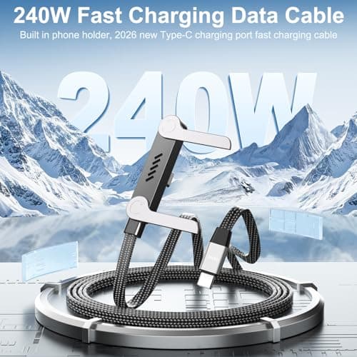 240W Braided Fast Charge Cable, 2026 New Invisible Holder Charger Cable with Stand, 4.92ft Foldable Durable 240W Stand Data Cable USB-C Cord 90 Degree Right Angle USB C Cable, Type C to Type C (1) - Thumbnail 2