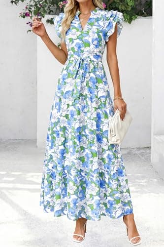 dowerme Women Summer Maxi Dresses 2026 Ruffle Sleeve V Neck Floral Boho Long Dress Belted Tiered Sundress with Pockets(Floral White Multicolored,XX-Large) - Thumbnail 6