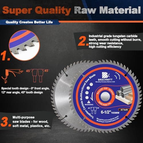 BRSCHNITT Aluminium Circular Saw Blade 6-1/2 in 60T with 4/5-5/8" Arbor, Carbide Tipped Cut Disc for Cutting Various Wood,Soft Metal,Copper,and Composite Materials - Thumbnail 6