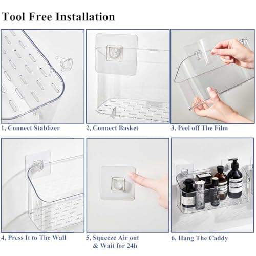 Eunion Bath Toy Storage Organizer, Bathtub Toy Storage Holder, Large Capacity Wall Mounted Shower Caddy Shower Organizer, No Drill Shelves Basket, Clear White, 2 Pack - Thumbnail 6