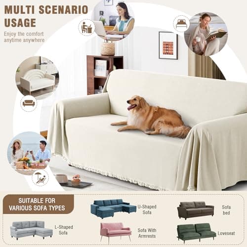 TAOCOCO Couch Cover, Couch Cover Blanket for Sofa, Thick Durable Throw for Sectional Couch, Washable Furniture Protector for Dogs Kids, Tassel Trim, 71''x150'' Beige - Thumbnail 6